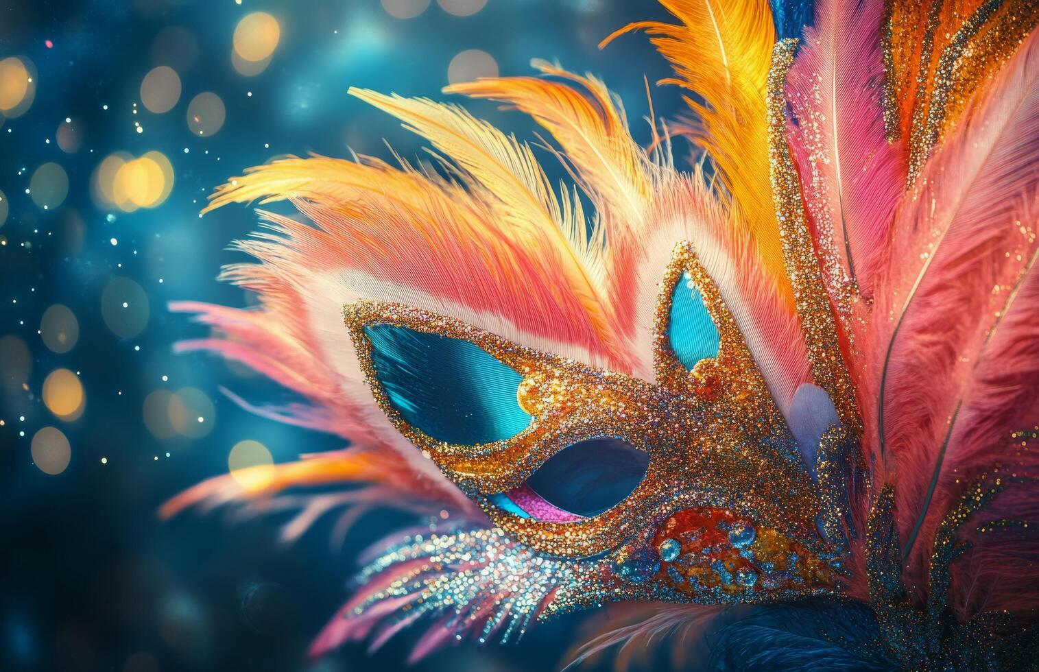 Colorful feathers with shimmering glitter against a bright bokeh background at a festive gathering photo