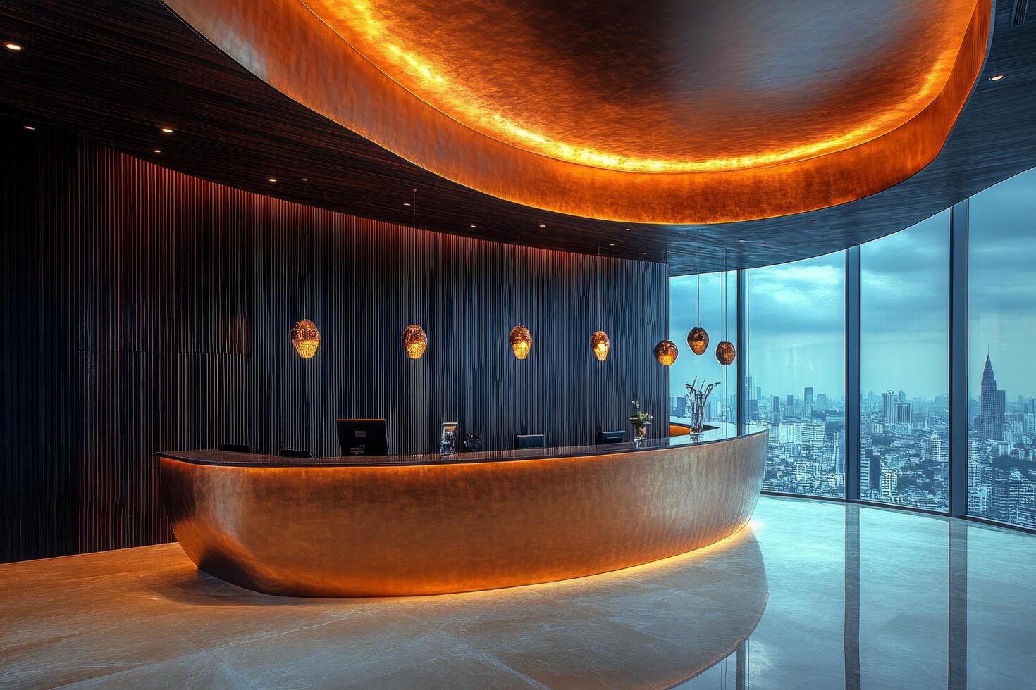 Modern reception area in high rise building featuring warm lighting and city skyline view photo