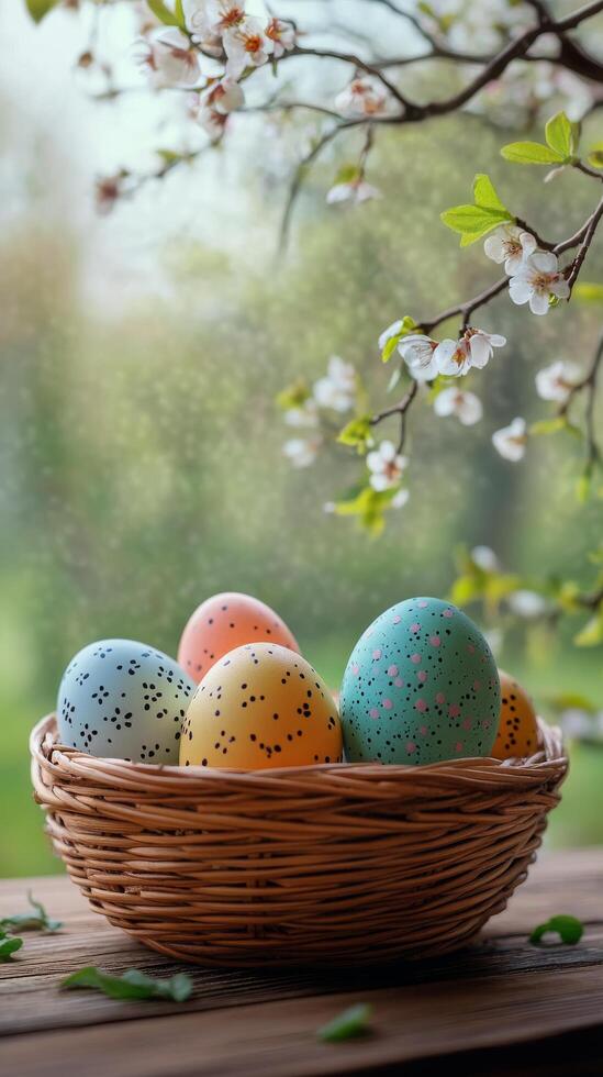 Colorful speckled eggs in a woven basket with spring blossoms in a serene garden setting photo