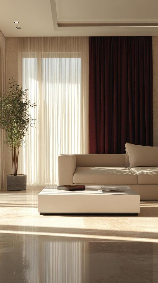 Modern living room with large windows and plants in a bright, serene environment photo