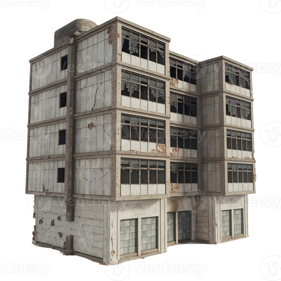 The image shows a post-apocalyptic scene of ruined skyscrapers, towering eerily against a transparent background png