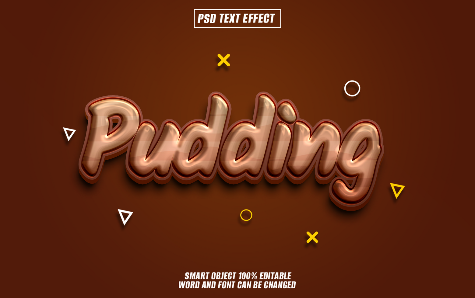 3D text effect of the word Pudding in a golden brown color with a glossy, metallic finish on a brown background. psd