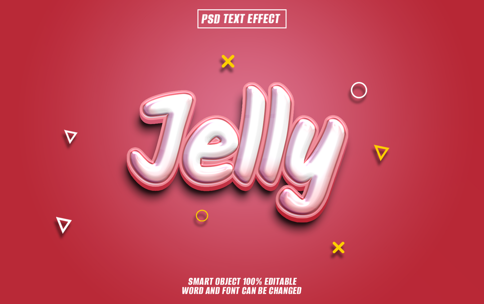 3D text effect Jelly in pink and white with a red background and small white, yellow, and pink shapes. psd