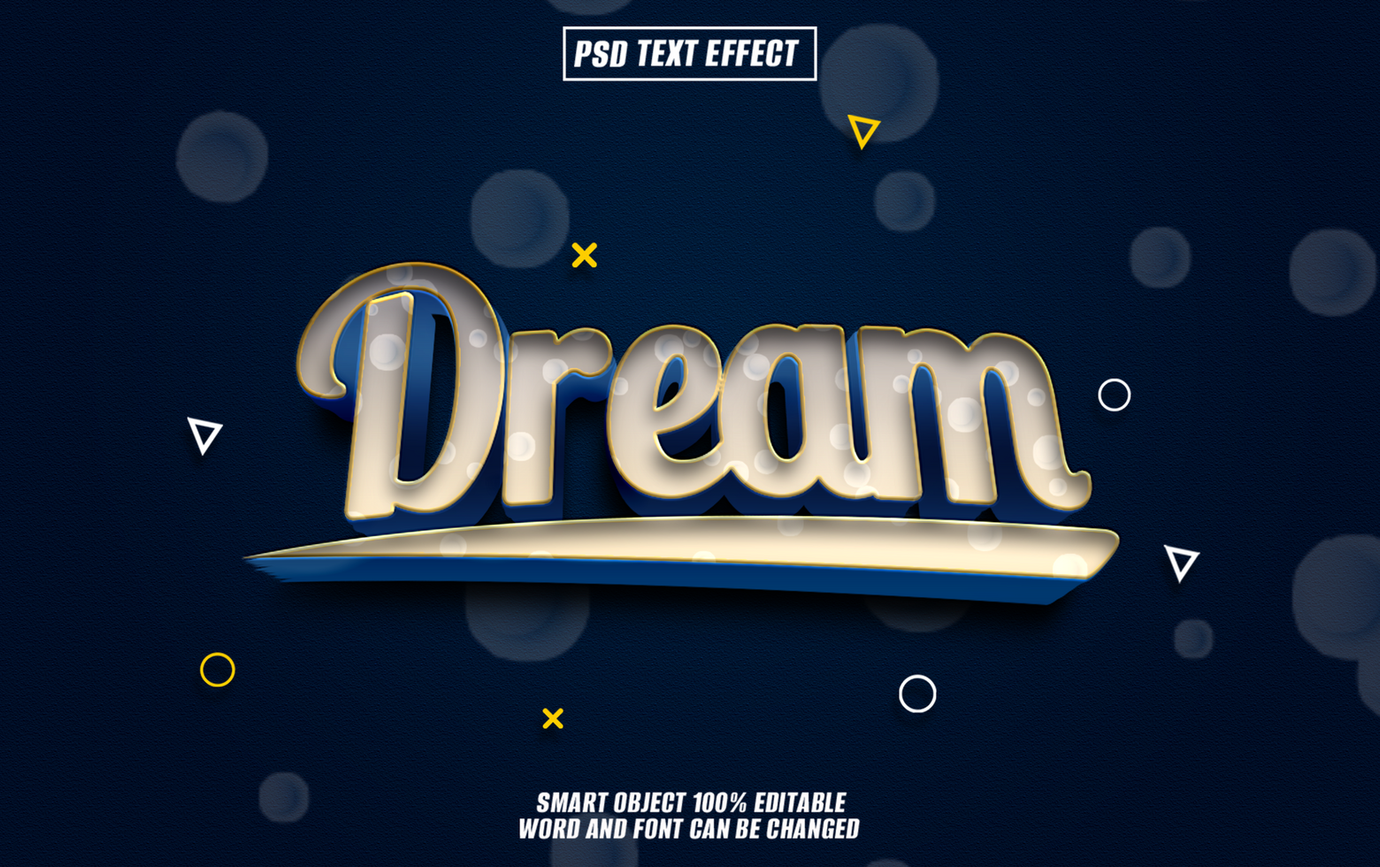 3D text effect Dream in blue, white, and gold with a blue background. psd