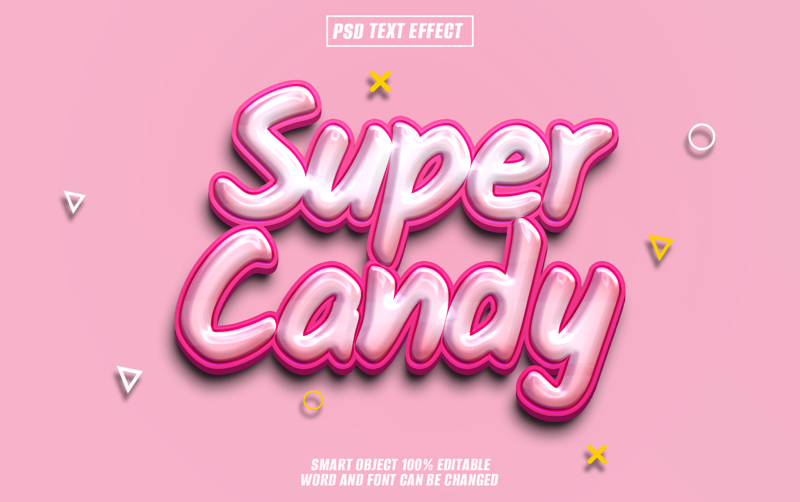 A 3D text effect with the words Super Candy in pink and white, with a pink background psd