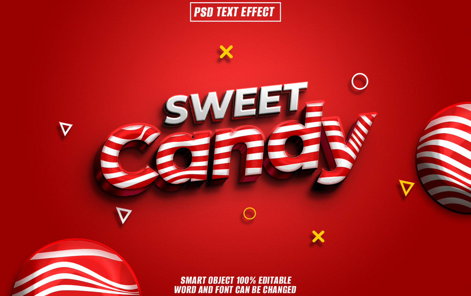 3D text effect of Sweet Candy with red and white striped candy elements on a red background psd