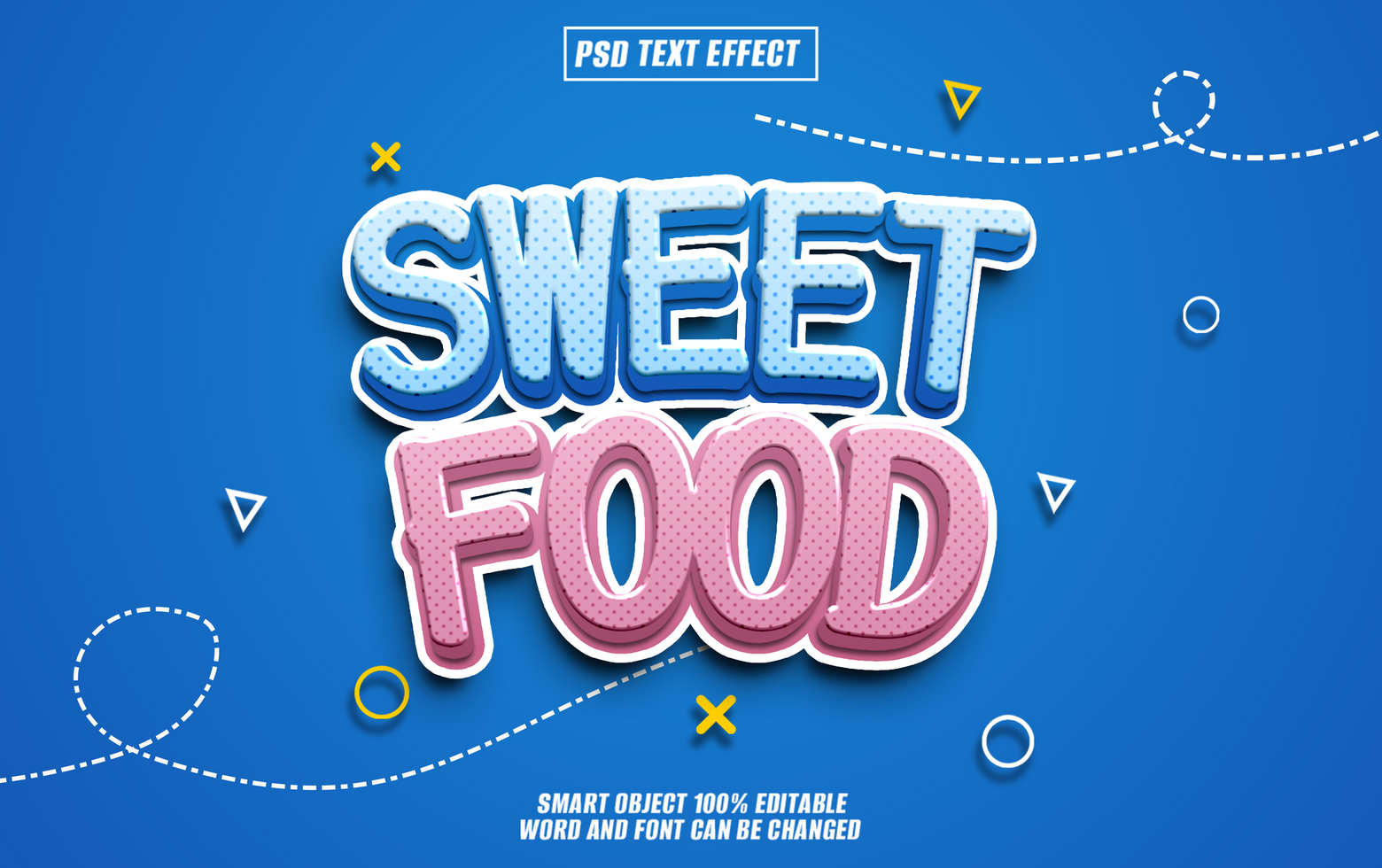 3D text effect Sweet Food in blue and pink colors with dotted lines and geometric shapes on a blue background. psd