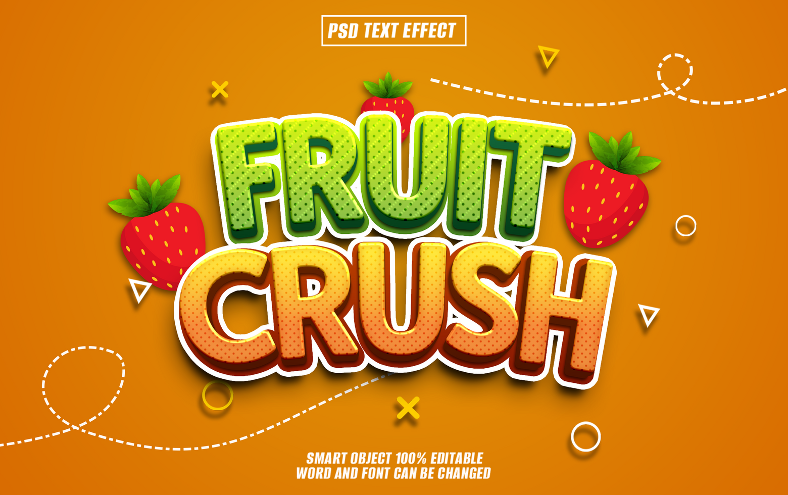 3D text effect Fruit Crush in a bright green and orange font with a textured background psd