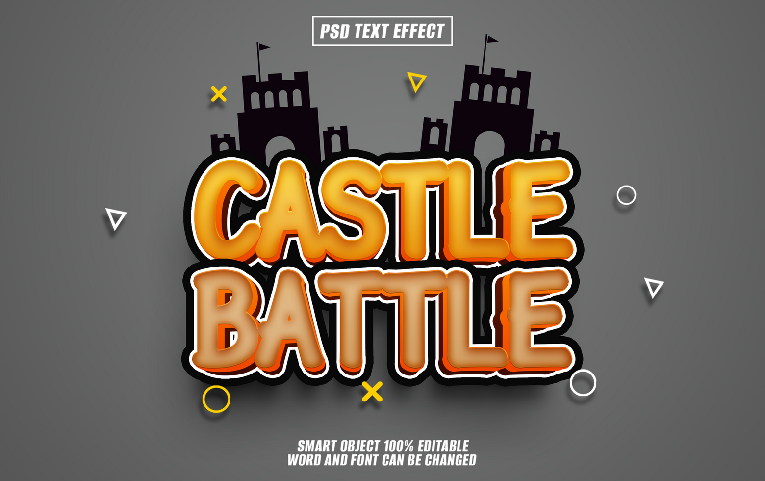 A 3D text effect with castle battle written in yellow and orange with a dark background psd