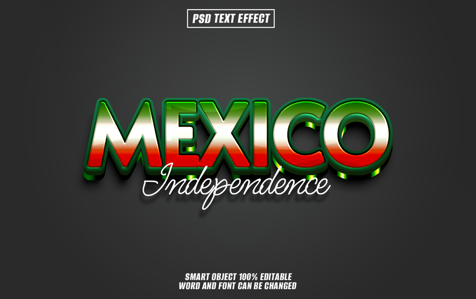 3D text effect with the word Mexico in the colors of the Mexican flag, with the word Independence psd