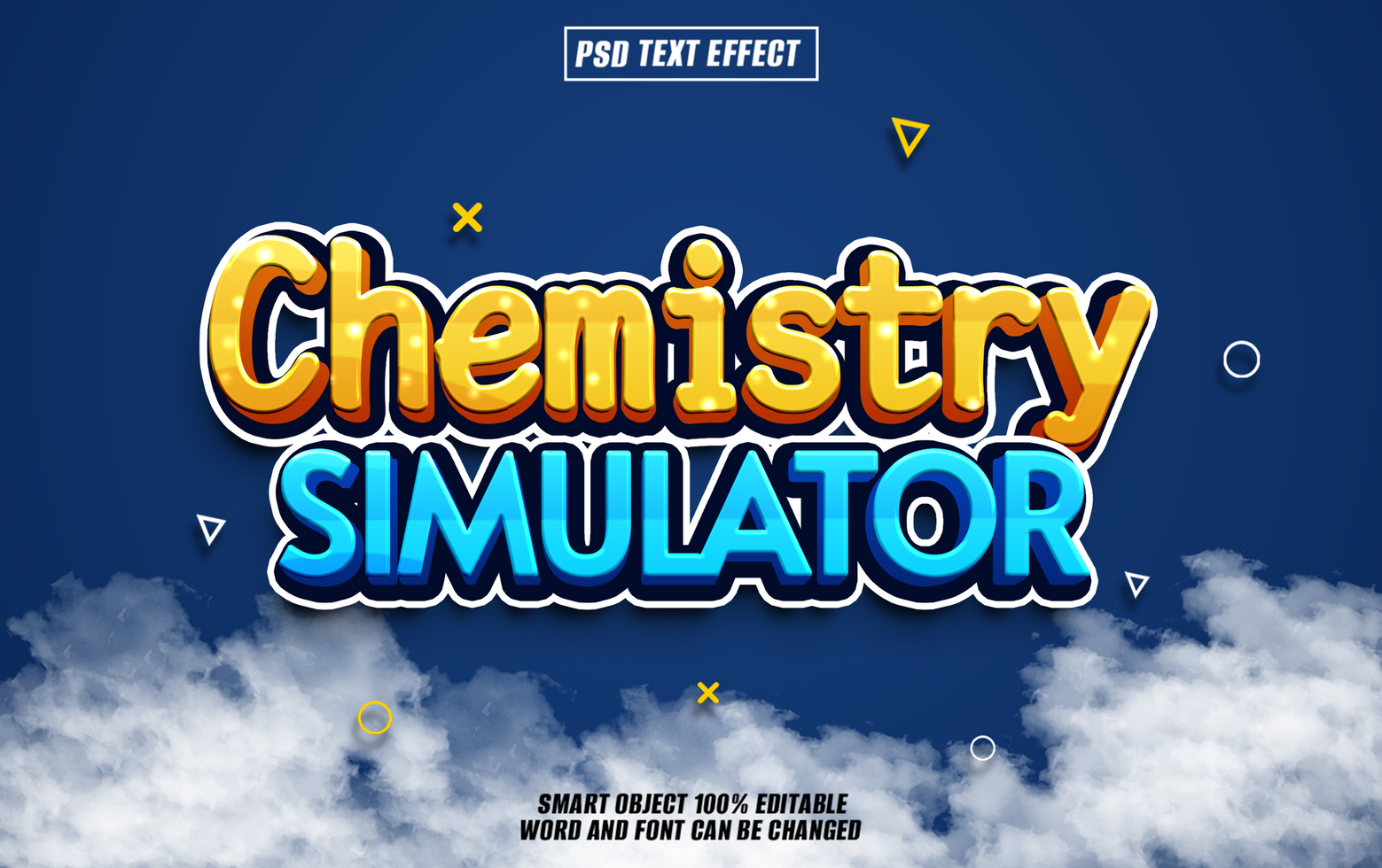 3D text effect design with the words Chemistry Simulator in a blue and yellow color scheme psd