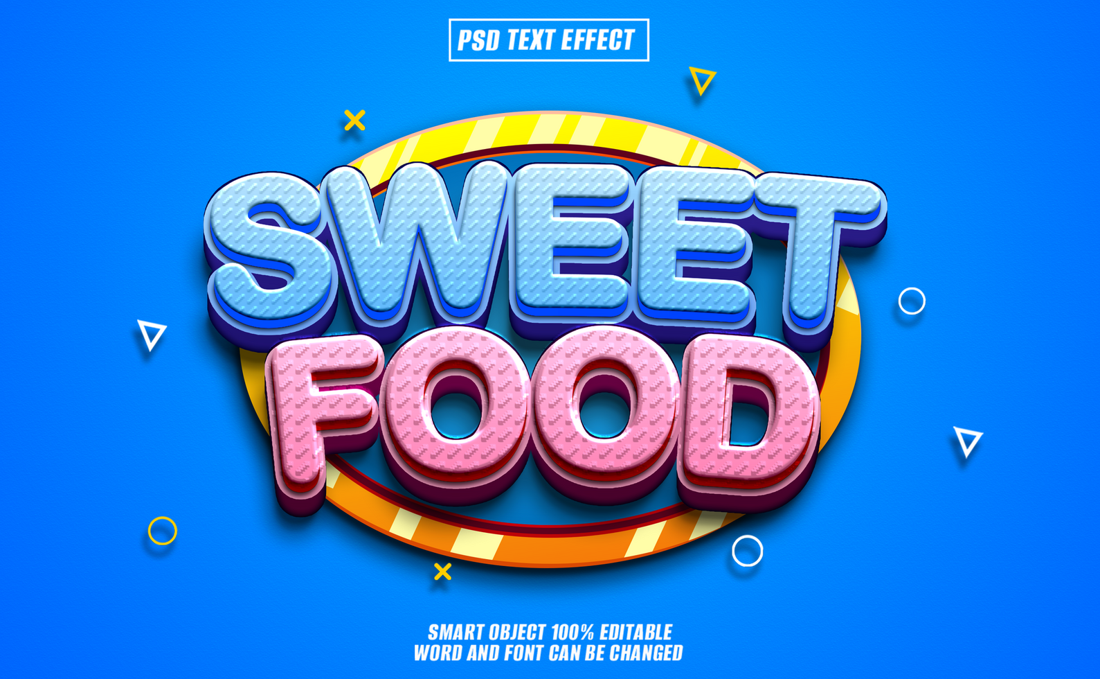 3D text effect with the words Sweet Food in a cartoon style. psd