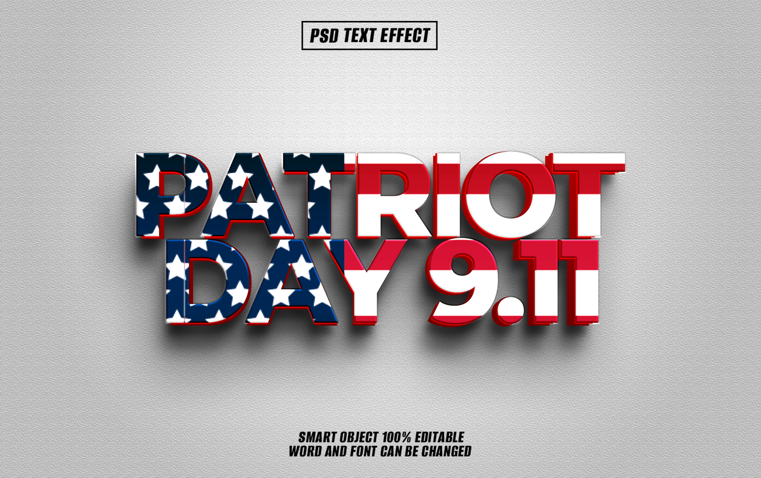 A 3D text effect of Patriot Day 9.11 with the American flag colors red, psd