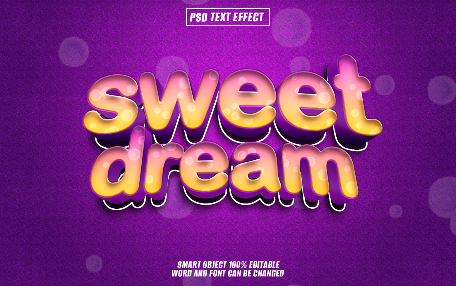 3D text effect sweet dream in a pink and yellow color scheme on a purple background. psd