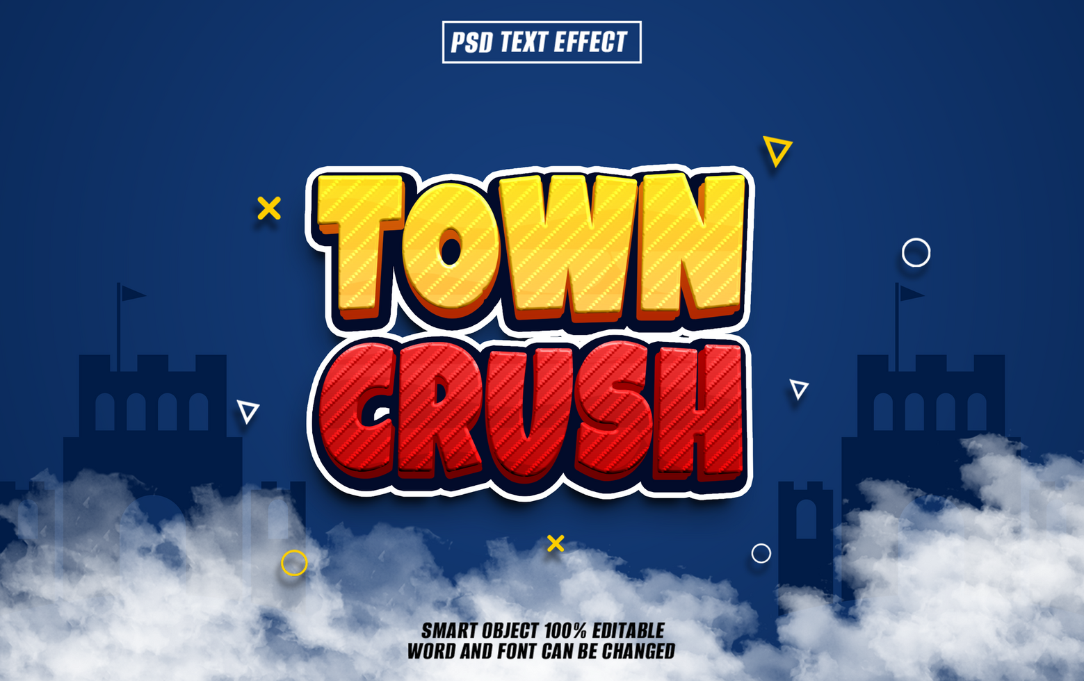 Town Crush 3D Text Effect with Game Style Font in Red and Yellow psd