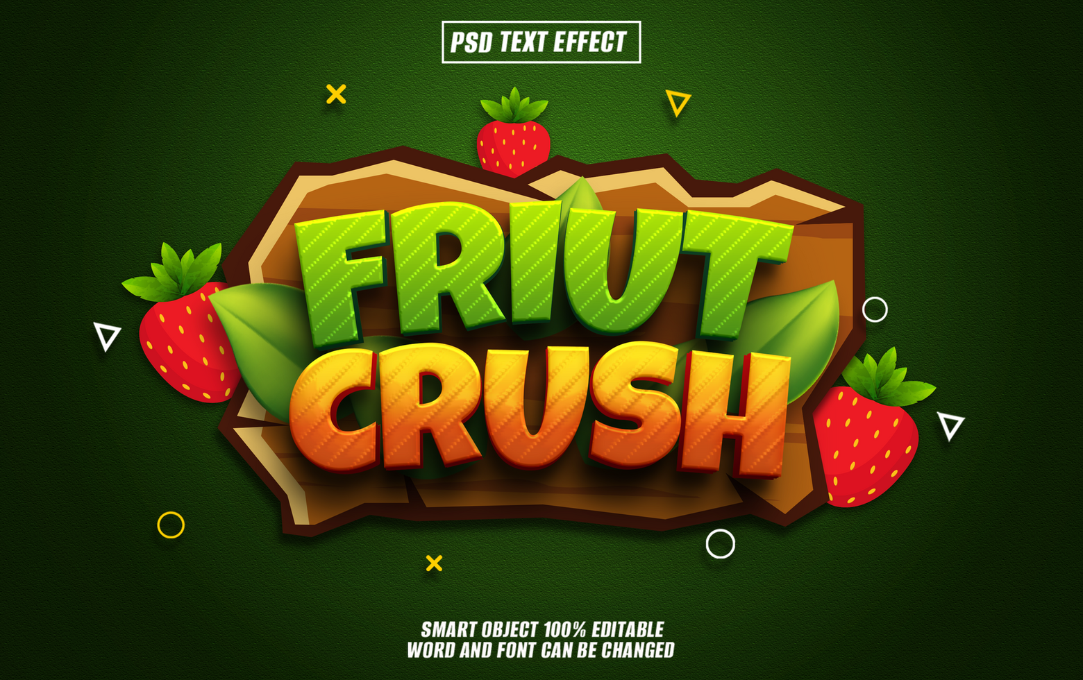 A 3D text effect Fruit Crush on a wooden background with green leaves and strawberries. psd