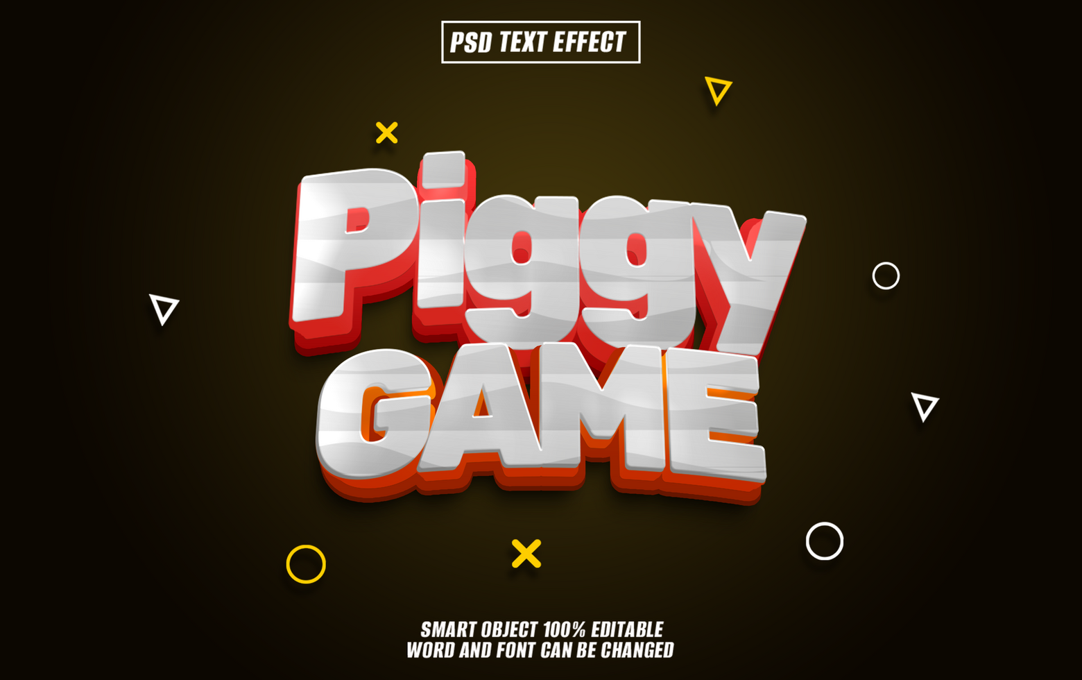 3D Text Effect of Piggy Game with Red, White, and Yellow Colors on a Dark Brown Background. psd