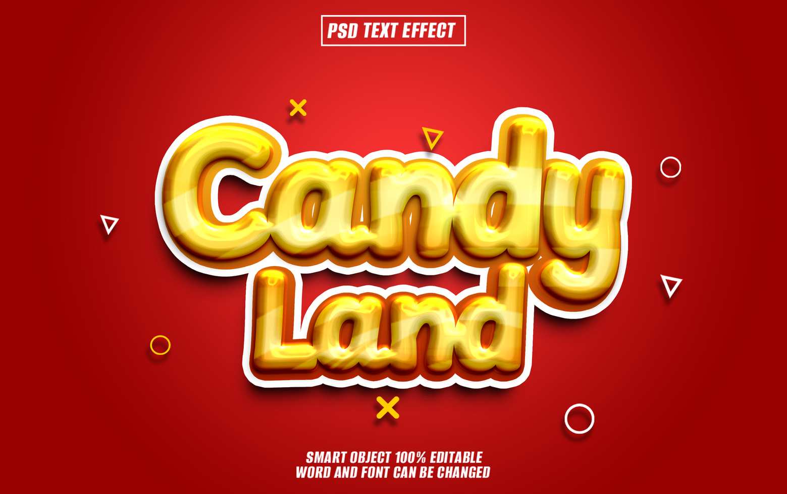 3D Text Effect Candy Land in a glossy gold style on a red background. psd