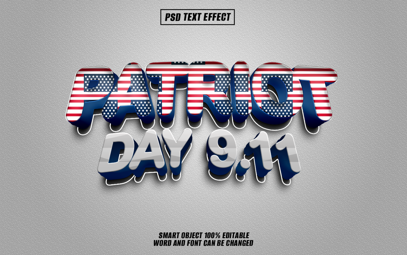 3D text effect with the words Patriot Day 9.11 with an American flag design. psd