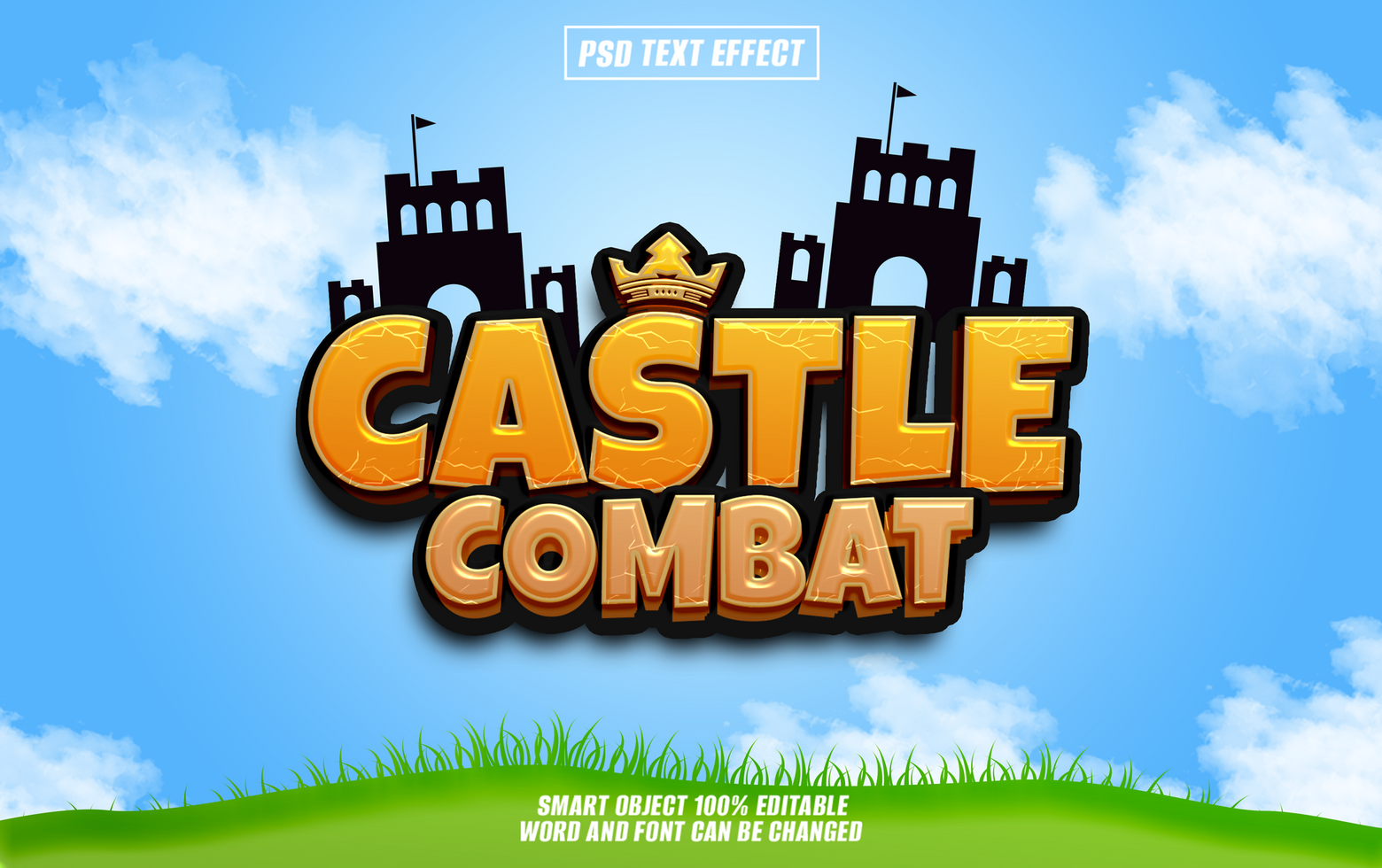 A 3D text effect with a castle, crown and the words Castle Combat in orange and black letters against a blue sky. psd