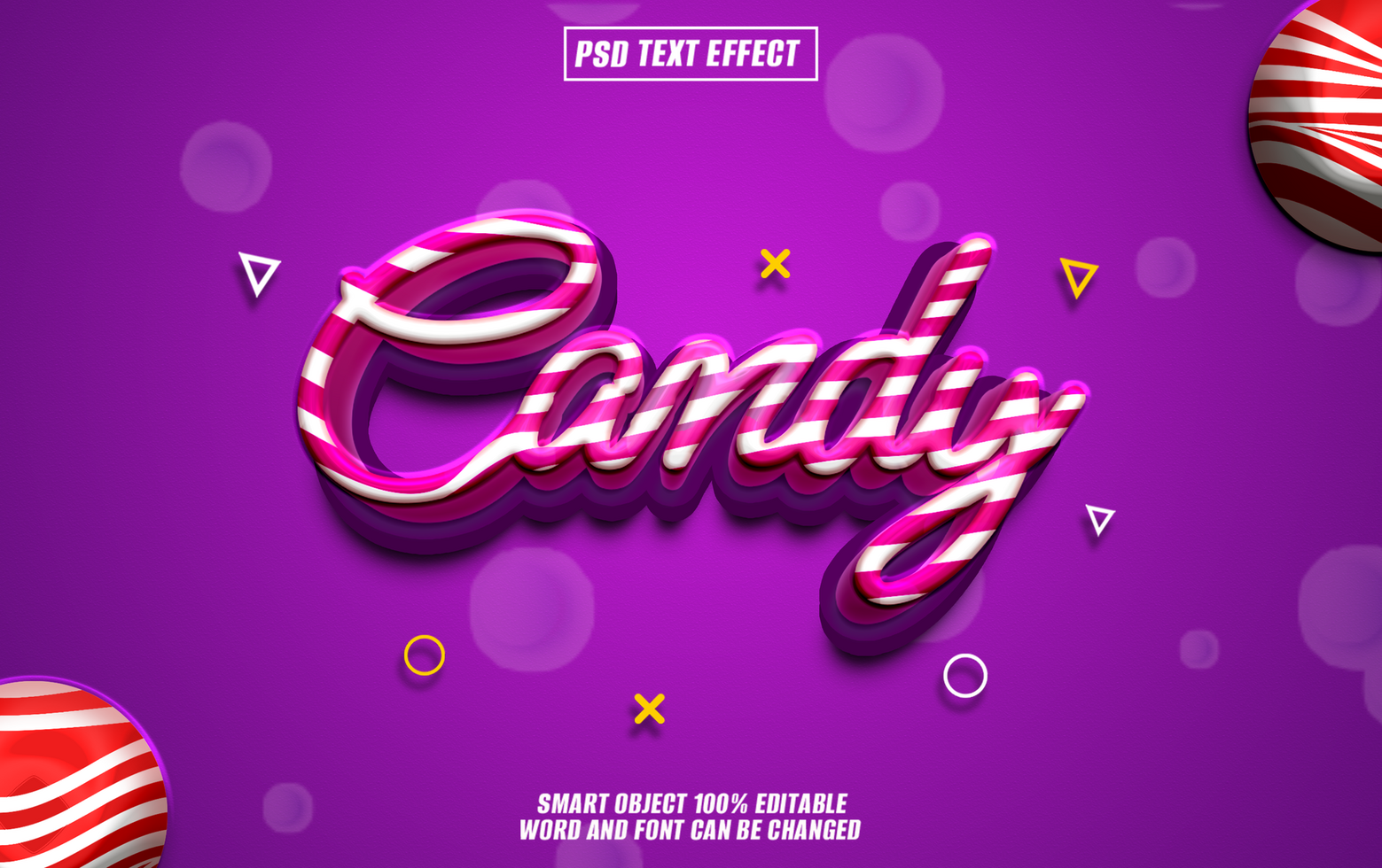 3D candy text effect with purple background psd