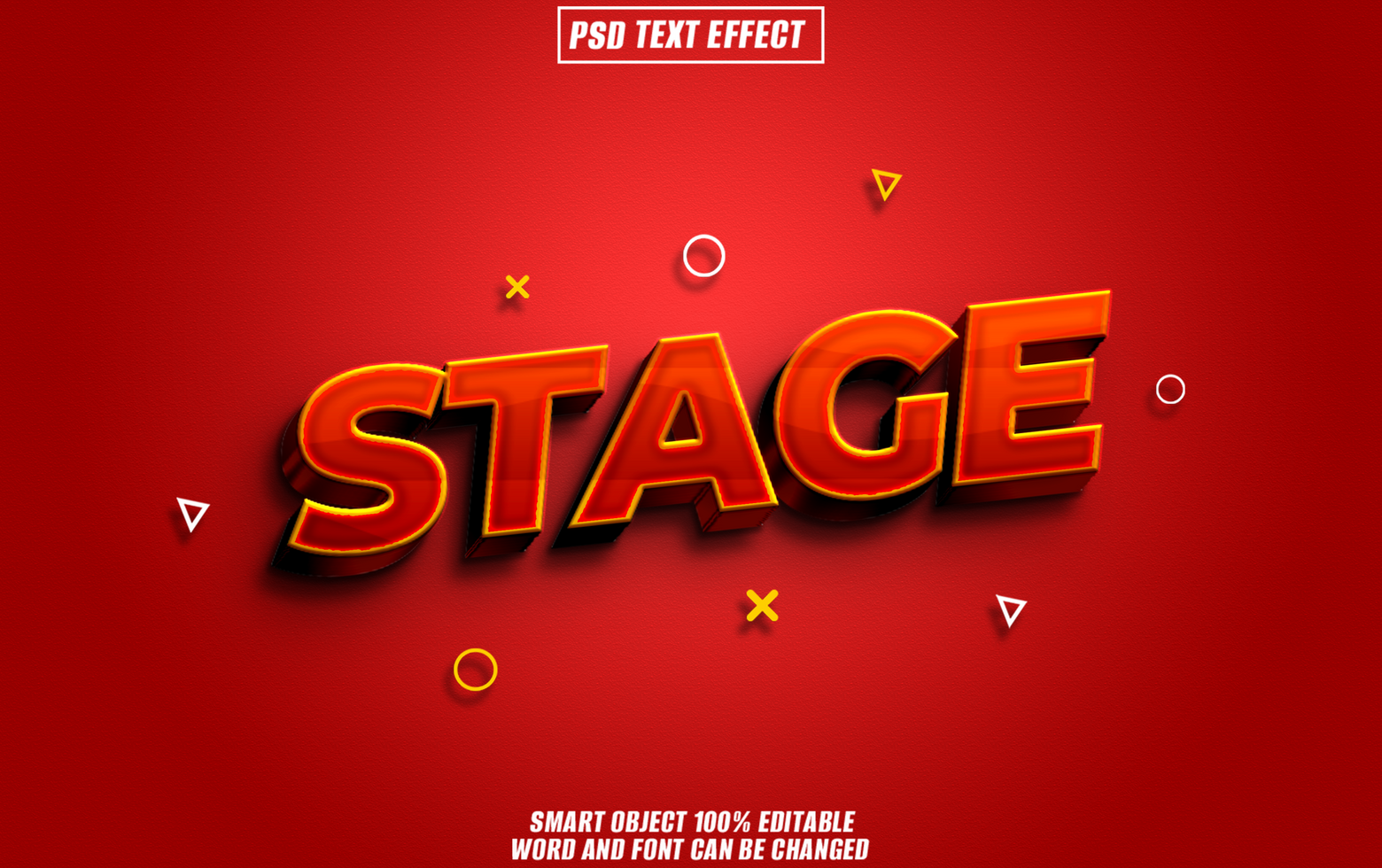 Bold 3D red and orange text STAGE effect with the word on a red background. psd