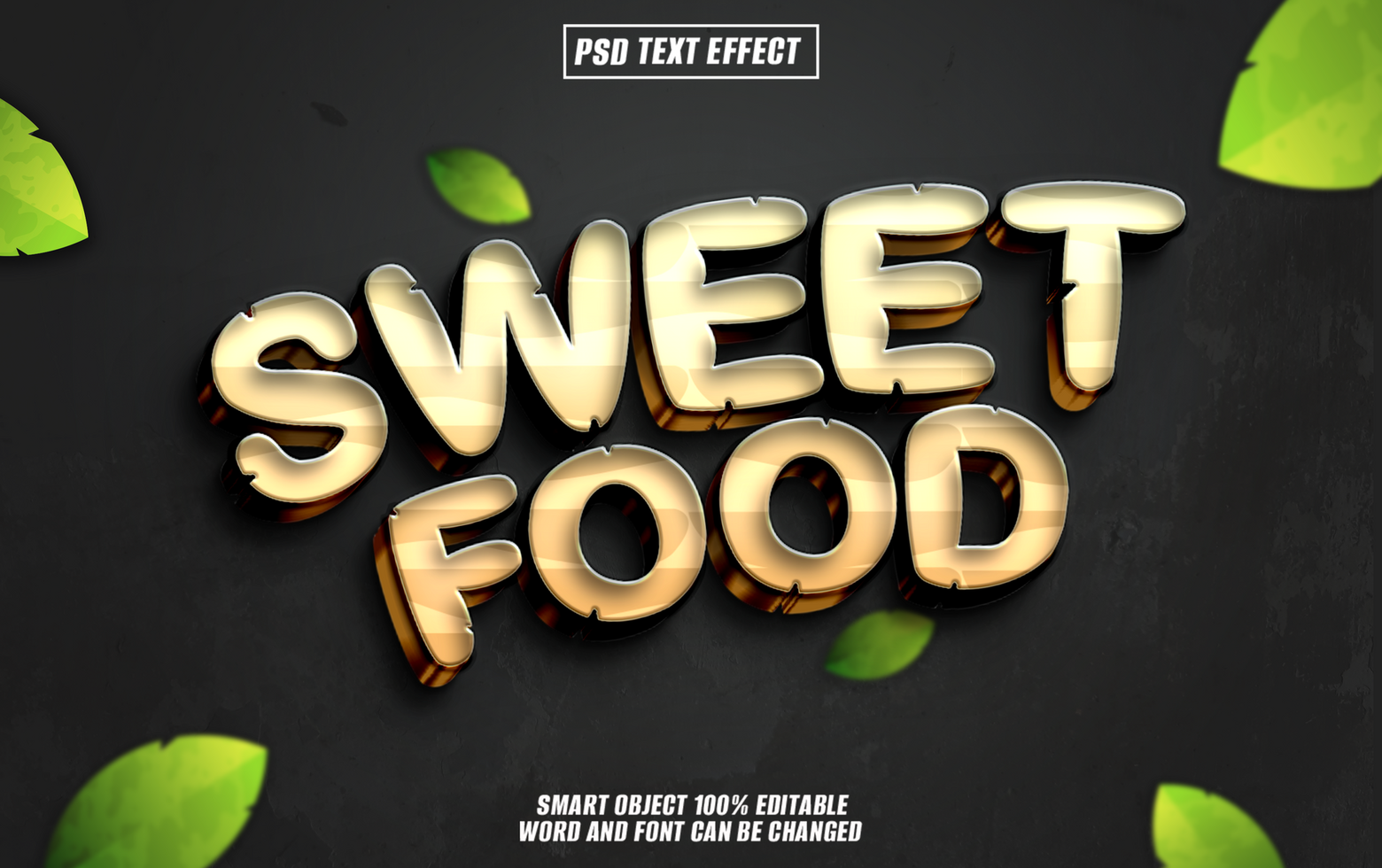 3D gold text effect for sweet food with leaves. psd