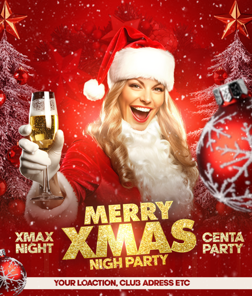 Merry Christmas night party poster template with Female Santa background Xmas party poster flyer psd