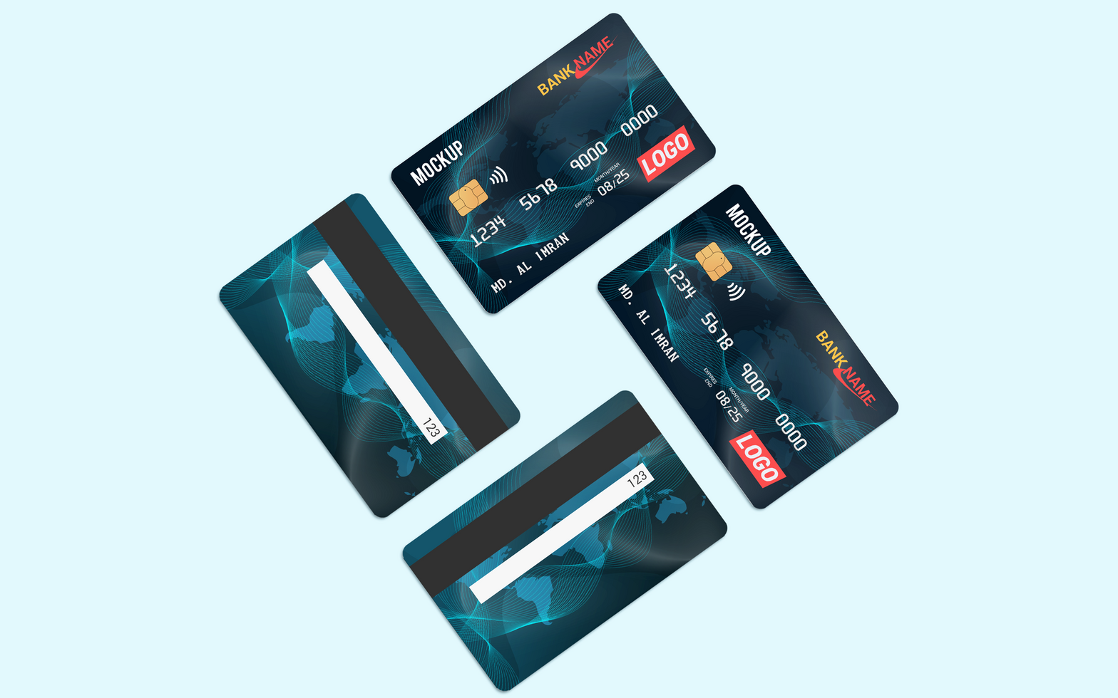 Four Smart card, Debit Card Mockup Template psd