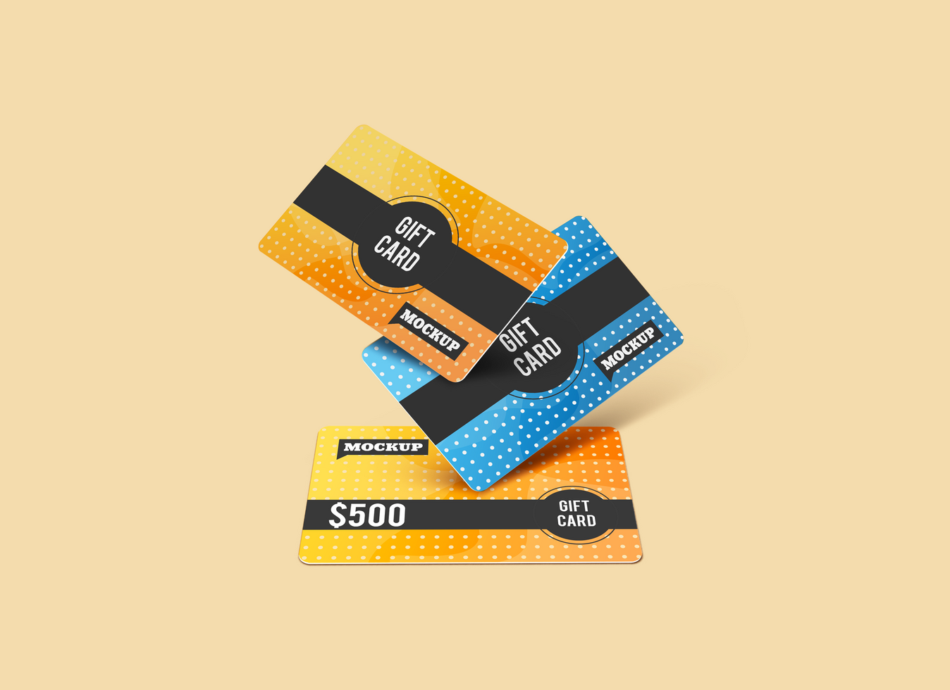 Three Flying Front View Gift Card Mockup psd