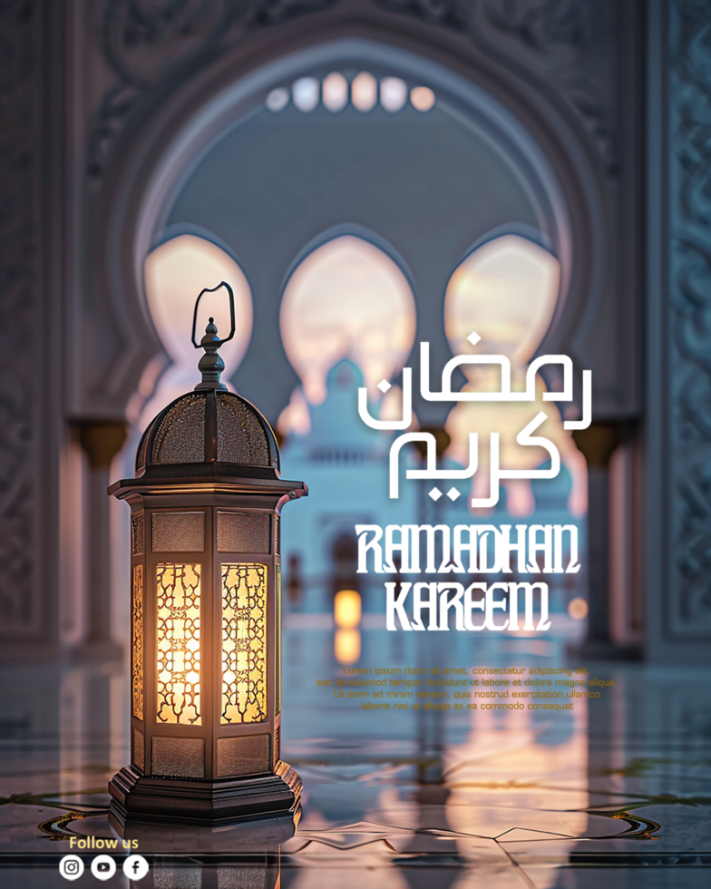 Ramadan Kareem poster template and social media post with realistic mosque and lantern background psd