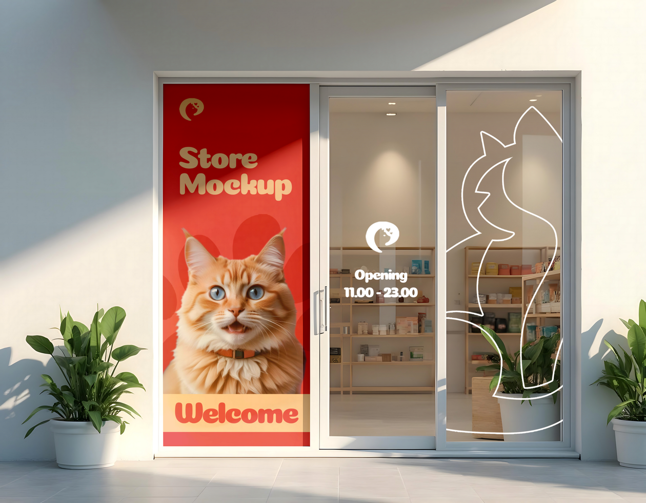 front store windows and door branding pet shop store mockup psd