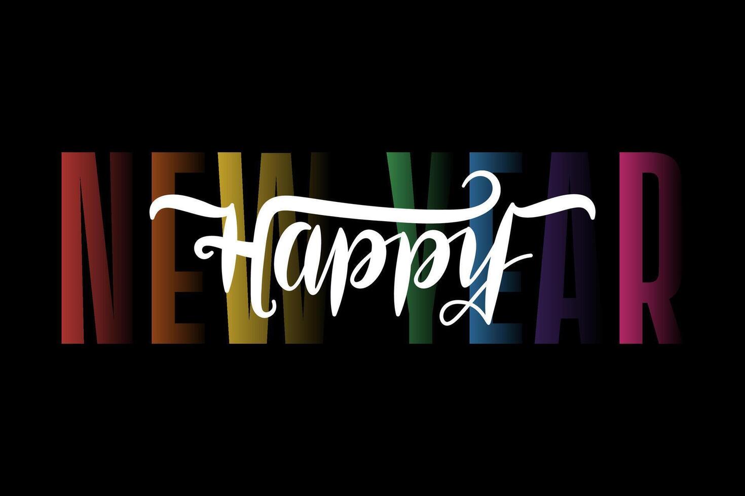 happy new year text calligraphy design with using rainbow colors on black background vector