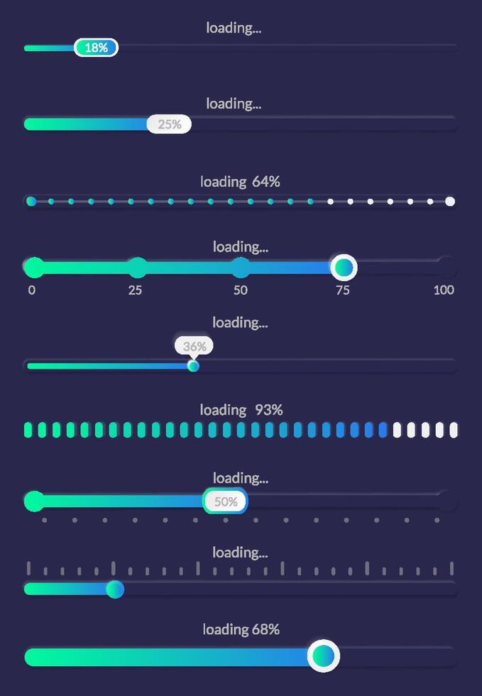 Progress load bar. Indicator of status download. Graphic icons of interface. Neon buttons of speed of upload. Color set of web loaders with percent. Futuristic UI for website, game, internet vector