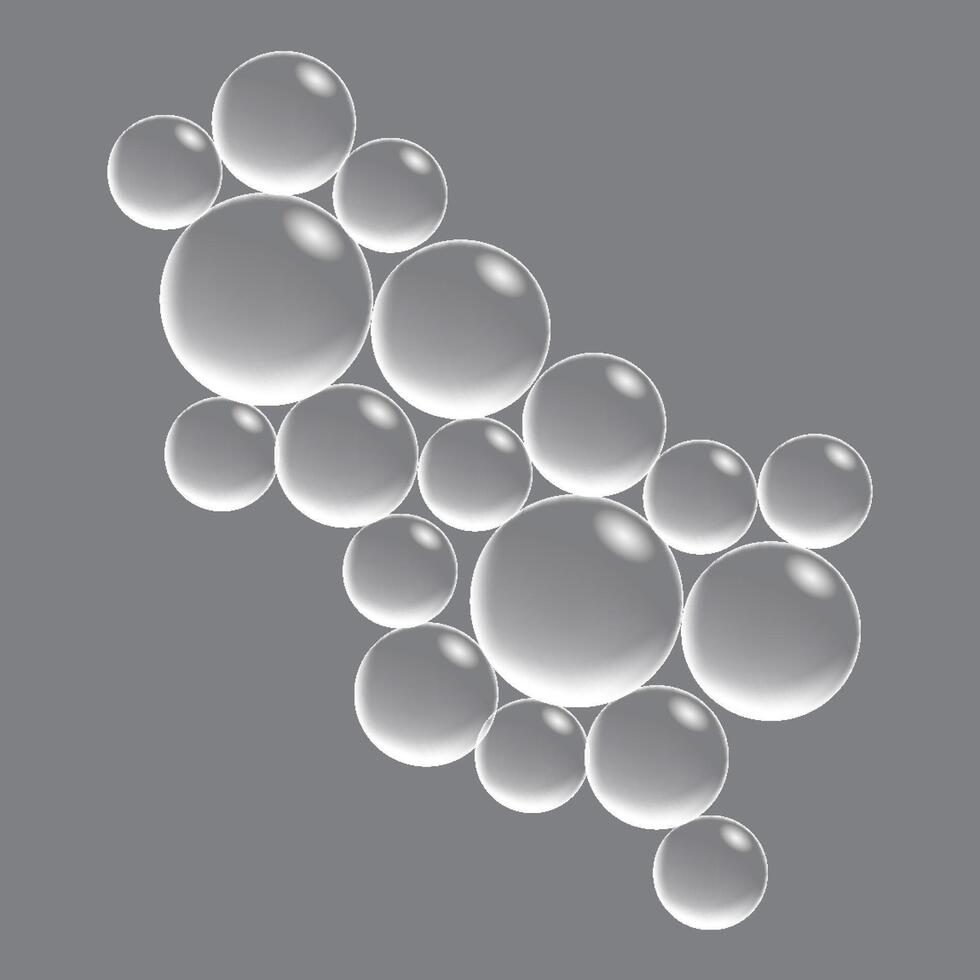 Soap bubbles, displaying unique designs, gracefully float on a plain gray surface vector
