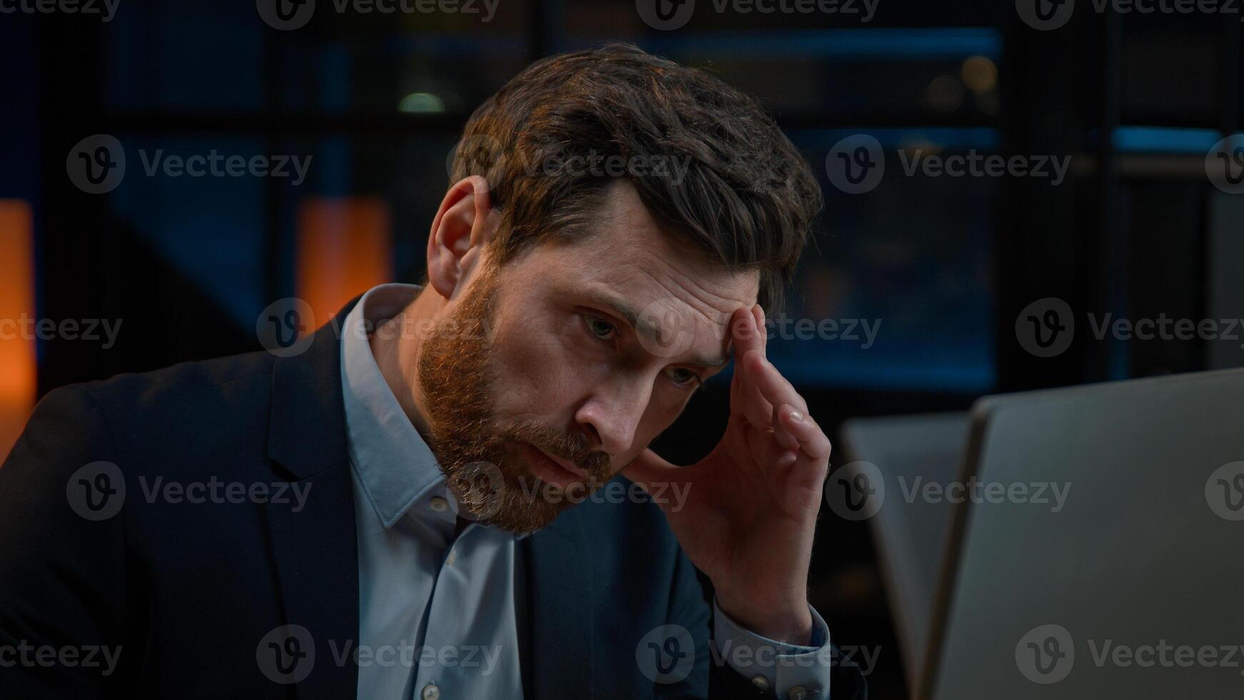 Caucasian exhausted businessman man overloaded evening computer work in office sick ill worker manager feel fatigue stress headache negative emotion with late night job has problem crash low internet photo