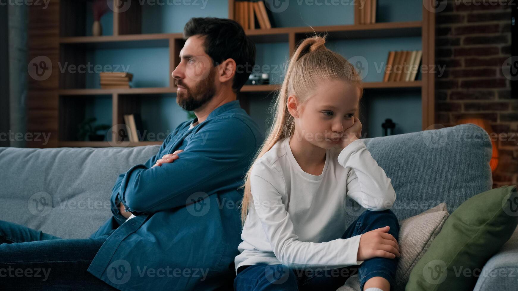 Family quarrel little girl daughter turn back to offended dad feel angry not talking after misunderstanding conflict ignoring problem bad relationship with father parents and children argument concept photo
