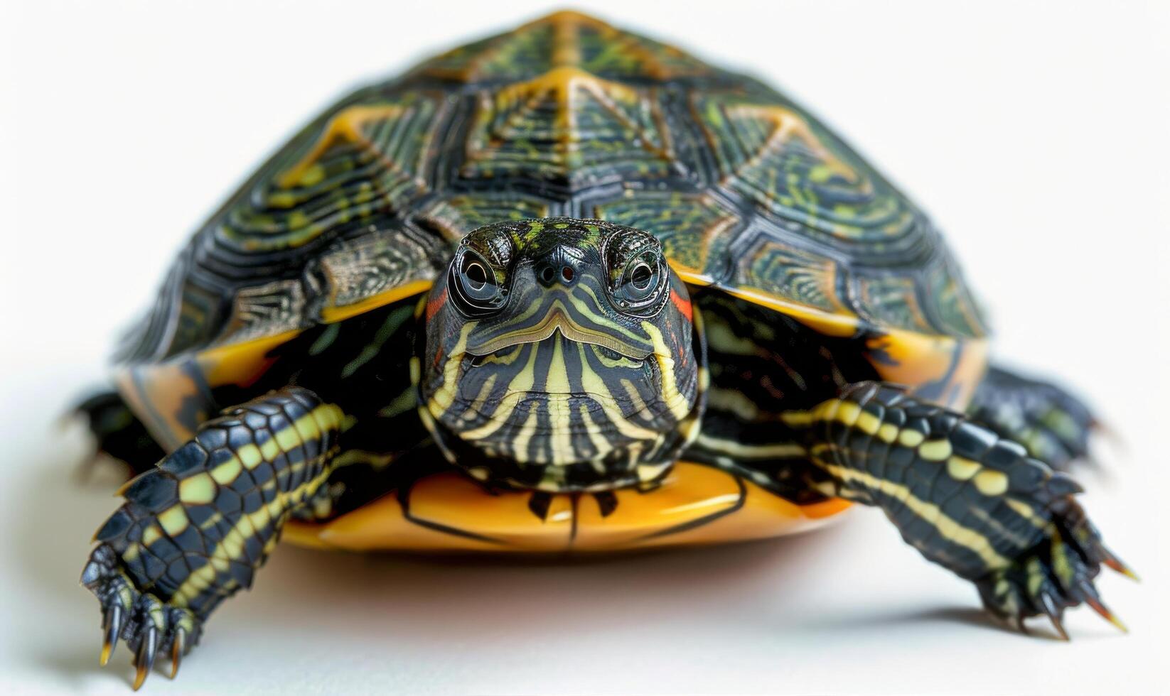 Close-Up Of A Red-Eared Slider Turtle In Front Of A White Background photo