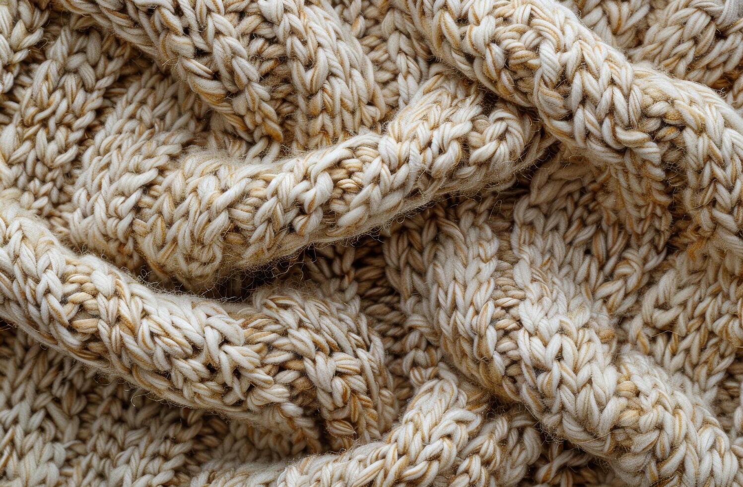 Close-Up View of Knitted Fabric With White and Tan Yarn photo