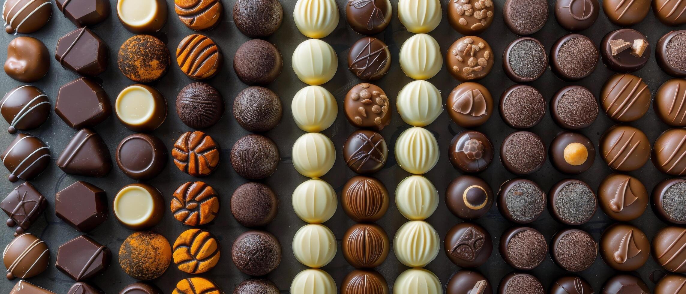 Assorted Chocolate Truffles in Rows on Grey Background photo