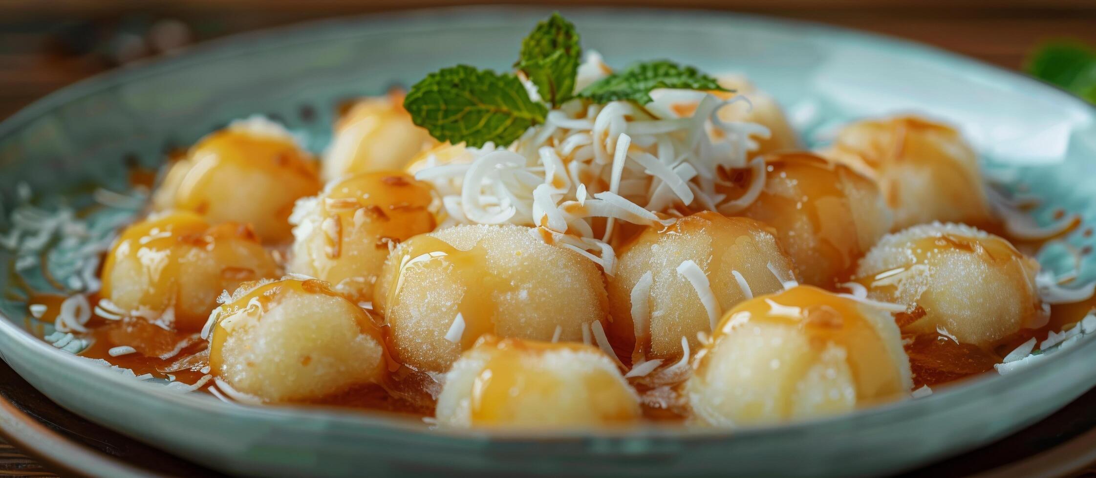 Sweet Coconut Rice Balls With Caramel Sauce and Mint Garnish photo