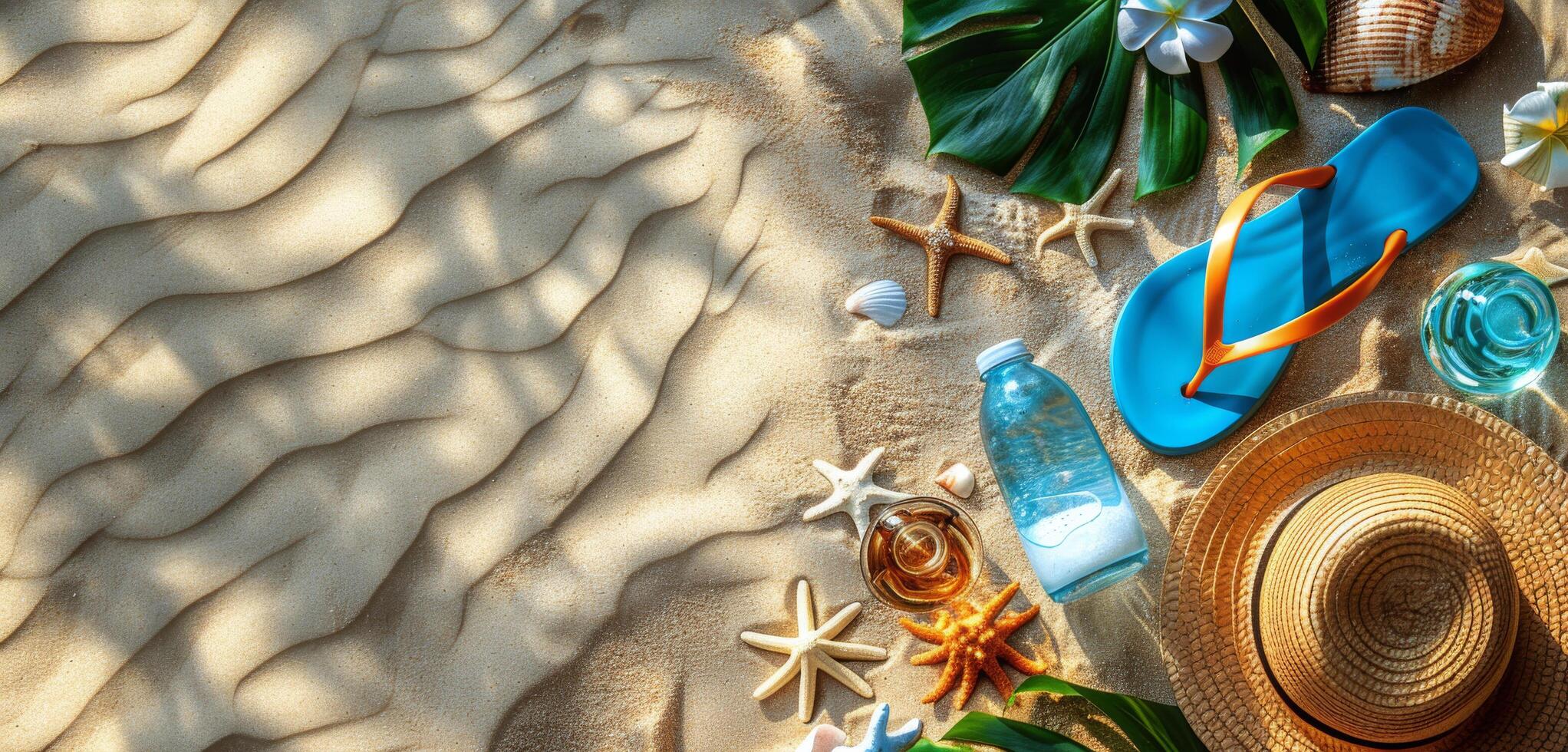 Beach Essentials Arranged on Sandy Shore With Sunlit Patterns photo