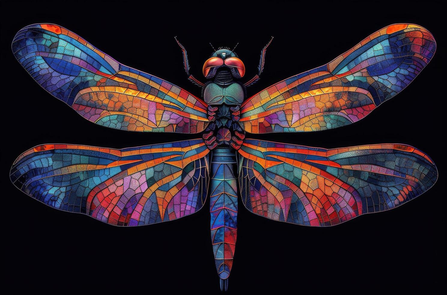 Colorful Dragonfly With Stained Glass Wings on Abstract Background photo