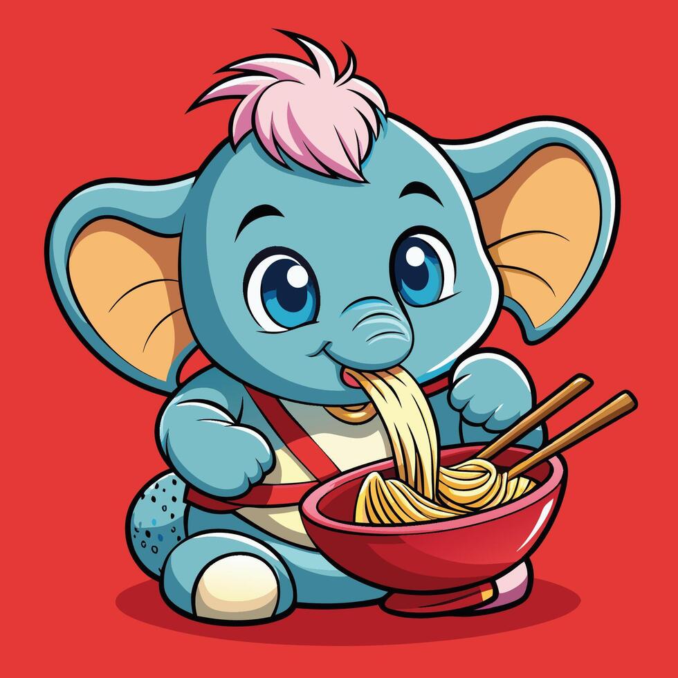 Adorable Elephant Indulging in a Hearty Ramen Delight with Chopsticks vector