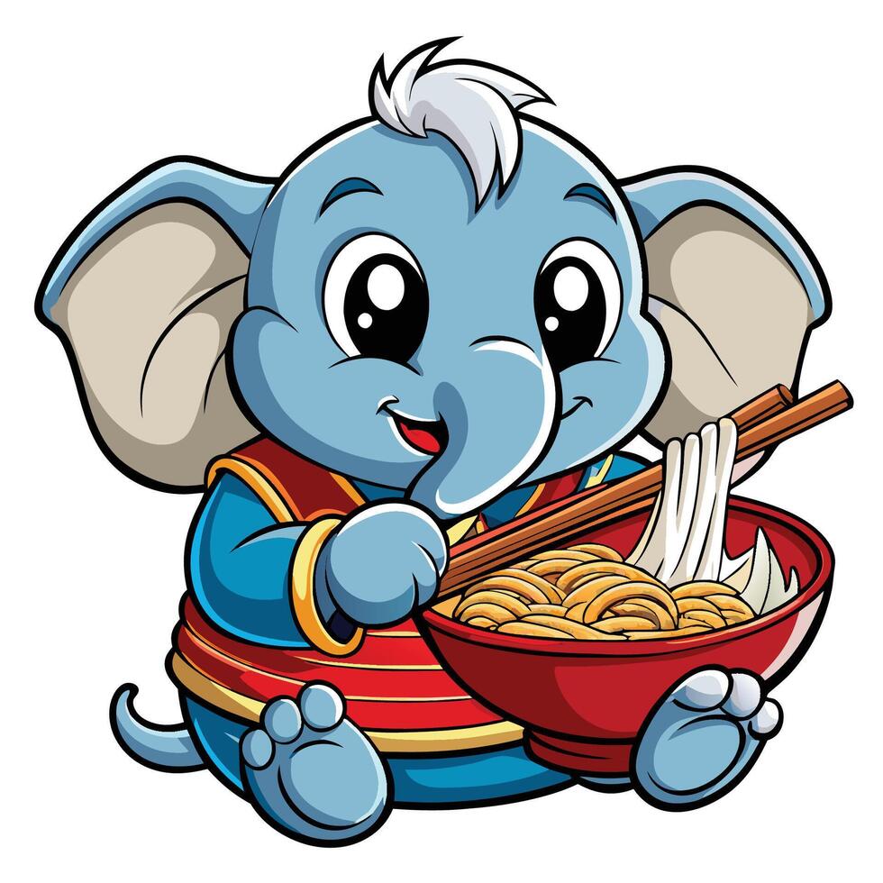 Adorable Elephant in Ramen Noodle with Chopsticks vector