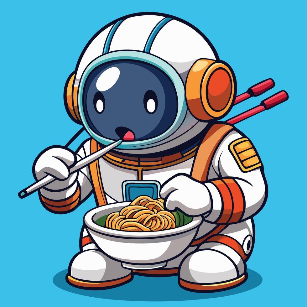 Adorable Astronaut Floating Joyfully in a Bowl of Ramen, Adorned with Chopsticks vector