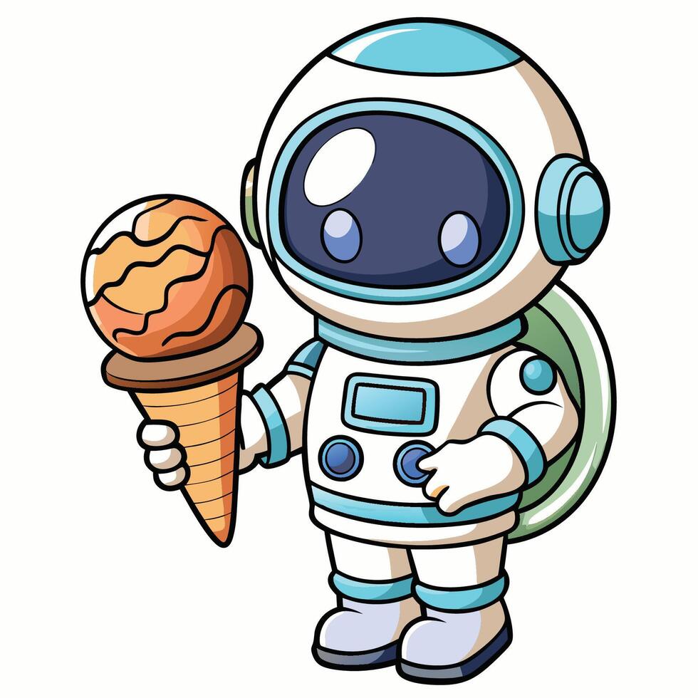 An Adorable Astronaut with an Icy Cone Treat Embracing a Frozen Planet vector