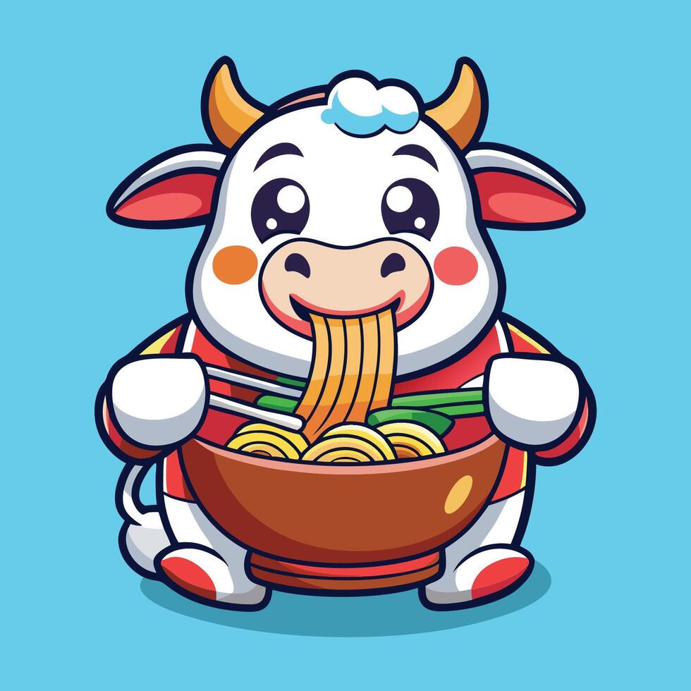 Kawaii Cow Indulging in a Savory Ramen Noodle Delight vector