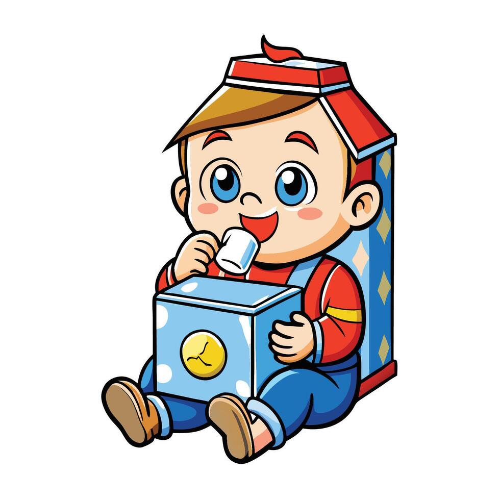 Adorable Cartoon Baby Boy Enjoying His Milk with a Wide Smile vector
