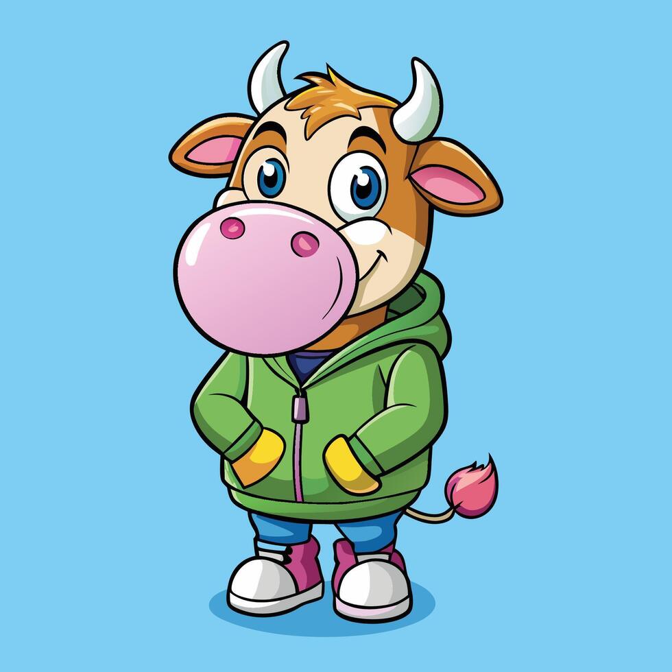 Cartoon Cow with Hoodie Blowing Chewing Gum in a Humorous Posture vector